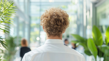 A man with curly blonde hair in a white collared shirt walks away in a contemporary office space filled with greenery. The bright atmosphere suggests a lively workplace.の素材