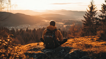 A person sits cross-legged on a rock, gazing at the sunset over a tranquil valley. The landscape is adorned with trees and rolling hills, radiating warmth and peace as day transitions to night.の素材