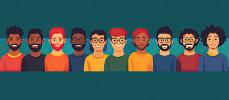 A joyful gathering of individuals from different ethnic backgrounds, ages, and identities, showing inclusivity and friendshipの素材