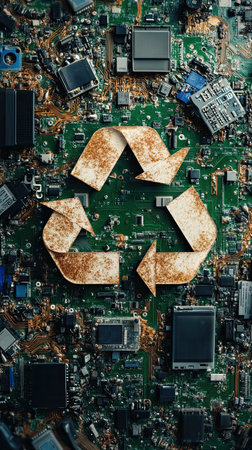 A circuit board backdrop features a prominent recycling symbol, highlighting the need to recycle electronic waste for sustainability in our tech-driven world.の素材