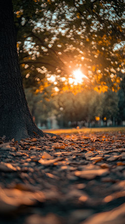 As the sun sets, golden light filters through trees, illuminating the fallen leaves in a peaceful park, marking the transition from summer to autumn.の素材