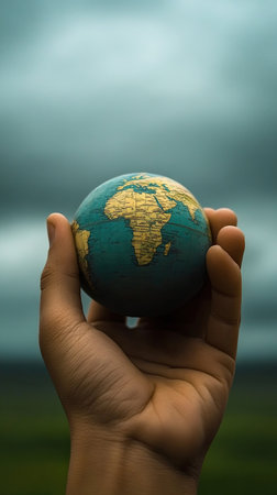 A hand grips a small globe depicting Africa, symbolizing a significant change. The background features dramatic clouds, hinting at a pivotal moment in our world.の素材