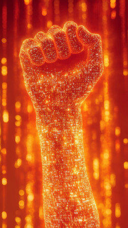 A high-detail representation of a raised fist signaling a V sign with vibrant orange lights flowing around itの素材