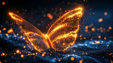A butterfly, constructed from intricate digital binary code, is raised high. Colorful orange lights flow around it, creating a striking minimalist aesthetic filled with high detail.の素材