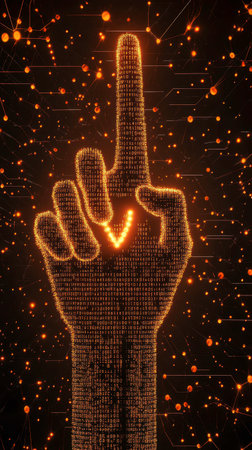 A hand shows the V sign in a dark setting, surrounded by flowing orange lights and intricate binary code. This artwork emphasizes a digital, minimalist aesthetic with high detail.の素材