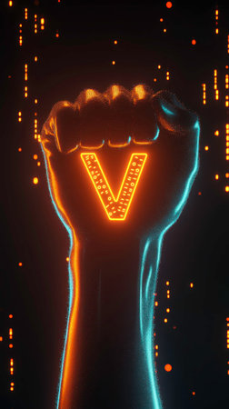 A hand is raised high, showcasing a V symbol illuminated by digital binary code. Colorful orange lights flow around the fist, creating a dynamic and minimalistic aesthetic in a dark background.の素材