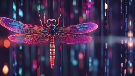 A vibrant dragonfly is raised high against a backdrop of flowing digital binary code, enhanced by colorful neon lights that create a striking minimalist visual effect.の素材