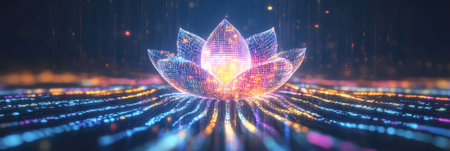 A radiant lotus rises amidst flowing binary code, illuminated by vibrant rainbow lightsの素材