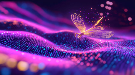 A vibrant dragonfly rises majestically, surrounded by flowing pastel lights and intricate digital binary codeの素材