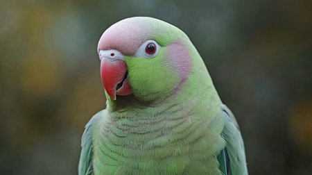 A vibrant green parrot rests quietly, highlighting its striking plumage and colorful features. The bird's lush feathers shimmer softly in the warm afternoon light, creating a peaceful atmosphere.の素材