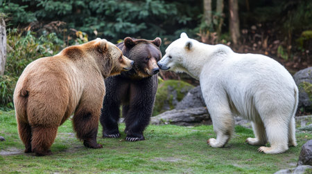 Three bears, a brown bear, a grizzly bear, and a polar bear, gather in a vibrant forest, engaging curiously with one another and exploring their surroundings under natural light.の素材
