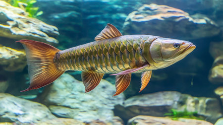 An arowana glides through clear water, showing its iridescent scales and graceful fins while navigating among the rocks. The tranquil environment highlights its natural beauty and habitat.の素材