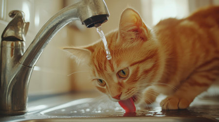 A playful orange cat enjoys a refreshing drink from the kitchen faucet, eagerly lapping up water as it splashes gently into the sink. Sunlight filters through, illuminating the delightful moment.の素材