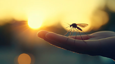 A single mosquito delicately rests on the palm of a hand as the sun sets in the background, casting a warm golden glow. The moment captures the beauty of nature and its small creatures.の素材