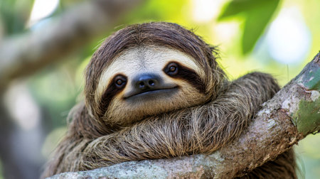 A sloth rests comfortably on a tree branch, its fur blending with the surrounding foliage. The creature's calm expression reflects a peaceful moment in its natural environment.の素材