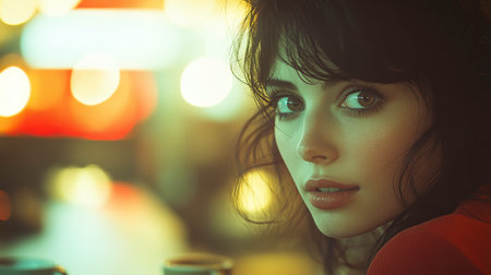 A young woman with dark hair sits at a table in a cozy cafÃ©, looking pensively towards the camera. The soft, colorful lights create a warm atmosphere, enhancing her captivating expression.の素材