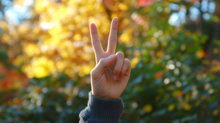 In a serene park setting, a hand displays a peace sign, surrounded by vibrant autumn leaves. The sunlight enhances the warm colors of nature, creating a peaceful atmosphere.の素材
