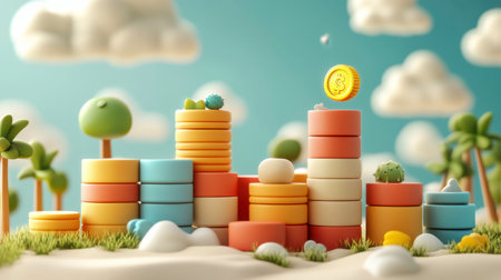 In a whimsical landscape, stacks of colorful cylindrical shapes rise towards a bright sky, while a shiny coin hovers above them. Lush greenery and playful clouds add charm to the scene.の素材
