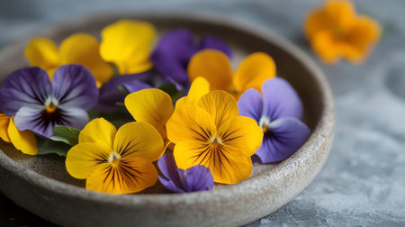 A collection of colorful edible flowers, including yellow and purple pansies, is beautifully arranged in a rustic bowl on a textured surface, showing their natural beauty and versatility.の素材