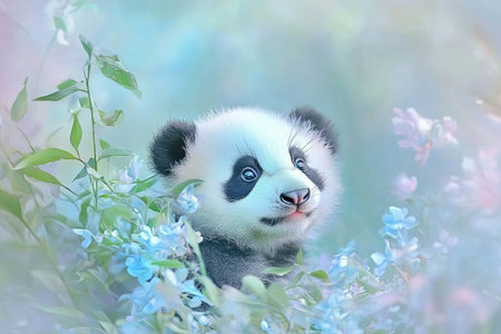 A young panda sits amid soft pastel flowers, displaying its playful expression. The vibrant blossoms enhance the charm of this peaceful springtime moment in nature.の素材