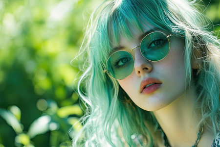 A woman with vibrant green hair and stylish round glasses poses gracefully in a sunlit, green environment, surrounded by foliage, showing a serene and captivating expression.の素材