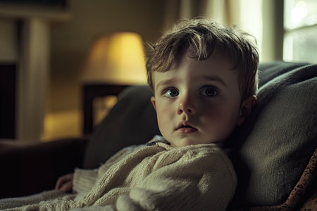 A young child sits comfortably on a sofa, dressed in a soft sweater. Gentle light filters through the window, creating a warm atmosphere in the cozy living room.の素材