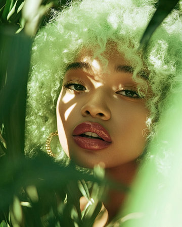A young woman gazes directly at the camera, framed by vivid green foliage, showing her lively curly hair and delicate features under soft sunlight.の素材
