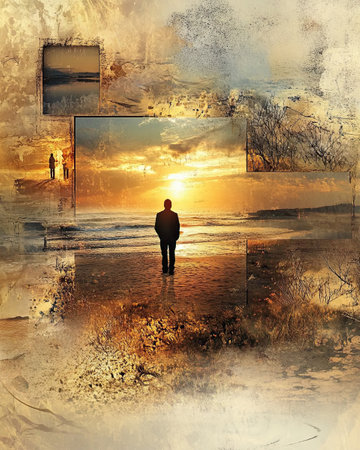 A person stands alone on the beach, looking toward the horizon as the sun sets over the water, creating beautiful colors in the sky. The tranquil atmosphere evokes a sense of peace.の素材