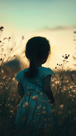 A young girl stands in a field filled with wildflowers, watching the sunset. The warm light casts a serene glow, creating a moment of peaceful reflection in nature.の素材