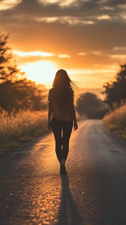 A woman walks alone along a quiet country road as the sun sets, casting golden hues across the landscape and creating a stunning silhouette against the vibrant sky.の素材