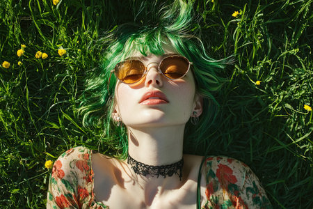 A person with vibrant green hair lies on fresh grass, basking in the sun. They wear round sunglasses and a floral top, surrounded by cheerful yellow flowers, enjoying a serene moment outdoors.の素材