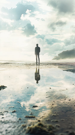 A solitary figure stands on a wet beach, mirroring the rugged landscape and sky above at sunrise. The water reflects the clouds, creating a tranquil yet dramatic atmosphere.の素材