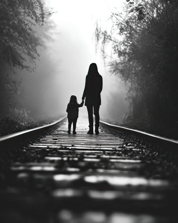 A mother and her child stroll together on a quiet railway track, surrounded by dense fog and trees. The tranquil atmosphere emphasizes their bond during this peaceful moment.の素材