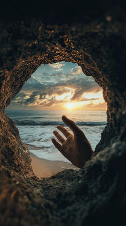 A hand extends from a rocky cave, reaching towards the vibrant sunset illuminating the ocean waves. The sky is filled with clouds, creating a peaceful twilight atmosphere.の素材