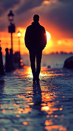 A person walks alone on a shimmering pathway, silhouetted against a vibrant sunset. The glowing sky illuminates the surroundings, creating a serene atmosphere reflective of evening tranquility.の素材
