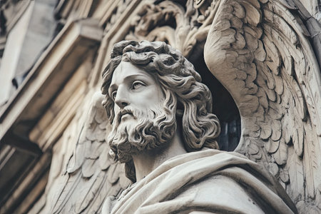 A beautifully carved stone figure of an angel with flowing hair and intricate wings rests against a historic building facade, capturing sunlight and showing the craftsmanship of the era.の素材
