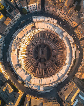 This aerial perspective showcases the majestic dome of the Pantheon in Rome, with its impressive columns and intricate design bathed in warm sunset light, surrounded by historical buildings.の素材
