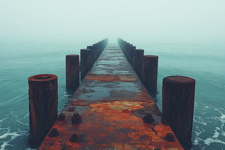 An old, weathered pier extends into the misty waters, surrounded by a peaceful atmosphere. Calm waves lap against the rusted supports, creating a tranquil yet eerie setting.の素材