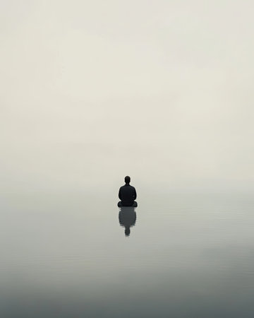 A person sits in a meditative posture, reflecting quietly on still water, surrounded by a soft haze that indicates early morning. The atmosphere is serene and peaceful, inviting introspection.の素材