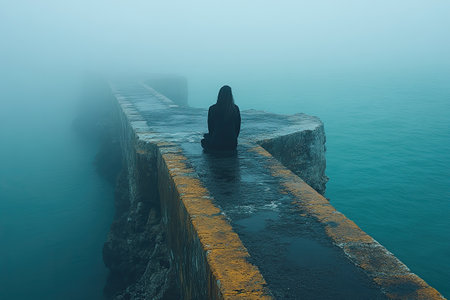 A lone person sits quietly on a weathered pier, shrouded in dense fog, contemplating the still water stretching into the distance during early morning light.の素材