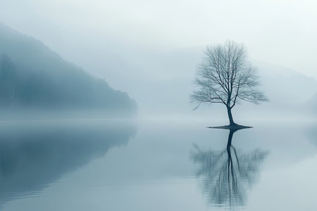A solitary tree rises from the still waters, reflecting perfectly in the glassy surface, with dense mist enveloping the surrounding mountains during early morning light.の素材