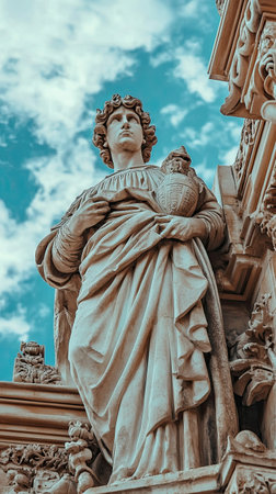 A finely crafted marble statue stands prominently, adorned in draped clothing, holding a decorative vessel, while set against a vivid blue sky dotted with clouds, showing casing architectural beauty.の素材