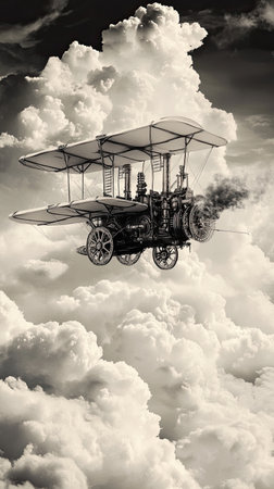 A steampunk-style aircraft ascends through a billowing expanse of clouds, powered by elaborate mechanical contraptions. Its unique design captures the essence of retro-futuristic innovation.の素材