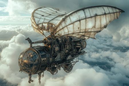 The steampunk airship, adorned with gears and wings, sails smoothly among clouds, showing its unique design. It captures the imagination with a blend of vintage aesthetics and adventurous spirit.の素材