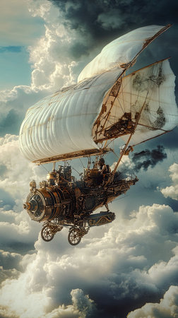 A beautifully designed steampunk airship glides gracefully among fluffy clouds under a vivid skyの素材