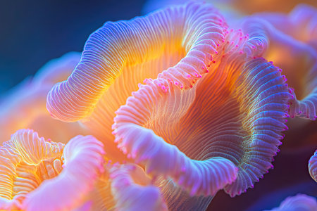 Colorful coral polyps are illuminated underwater, displaying their intricate textures and vibrant hues. The setting highlights the beauty of marine life in a mesmerizing display of colors.の素材