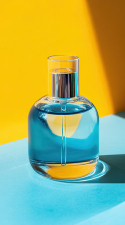 A sleek blue glass bottle filled with liquid reflects natural light against a bright yellow backdrop, creating an eye-catching contrast and soft shadows, highlighting its modern design.の素材
