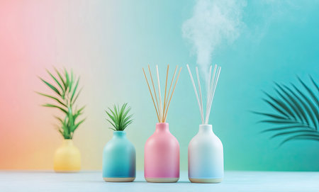A collection of decorative diffusers in various colors sits on a table, accompanied by small green plants, with a soft pastel gradient backdrop enhancing the tranquil atmosphere.の素材