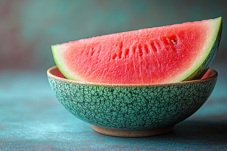 Two vibrant slices of watermelon are placed in a textured bowl, showcasing their juicy red flesh and green rind against a colorful, softly lit backdrop.の素材