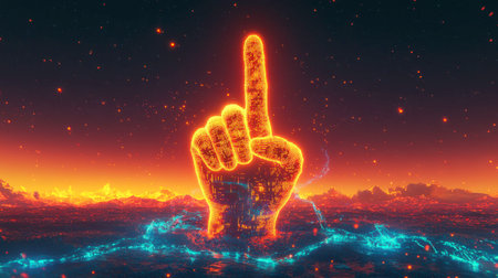 A hand raised high displays a peace sign, glowing with vibrant orange lights and surrounded by flowing digital binary code, creating a striking minimalist aesthetic at twilight.の素材